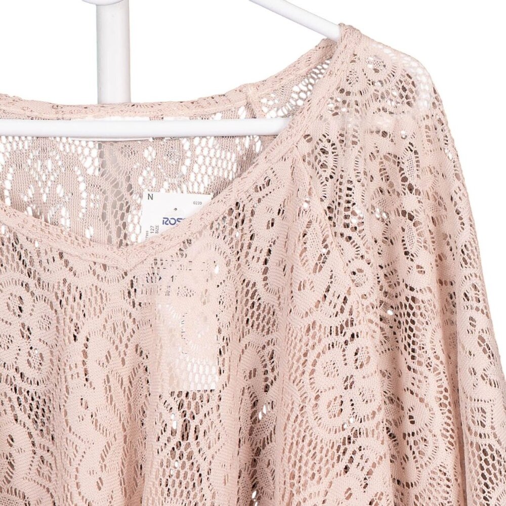 Boho Lace Blouse XL Beige Knit Sheer Hippie Festival Oversize Flowy Draped Doily - Picture 2 of 5